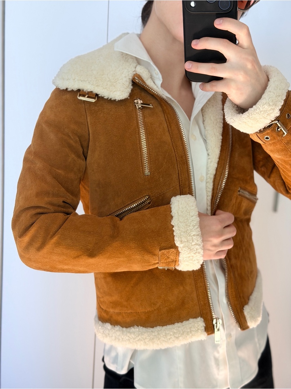 NWOT Unisex Brown Shearling Suede Jacket - Plush Lined Winter Coat Size XS-S - Picture 5 of 6